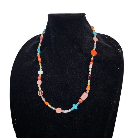 14k Gold Czech Glass Turquoise Cross Faceted Crystal Colorful Beaded Necklace - Picture 4 of 4